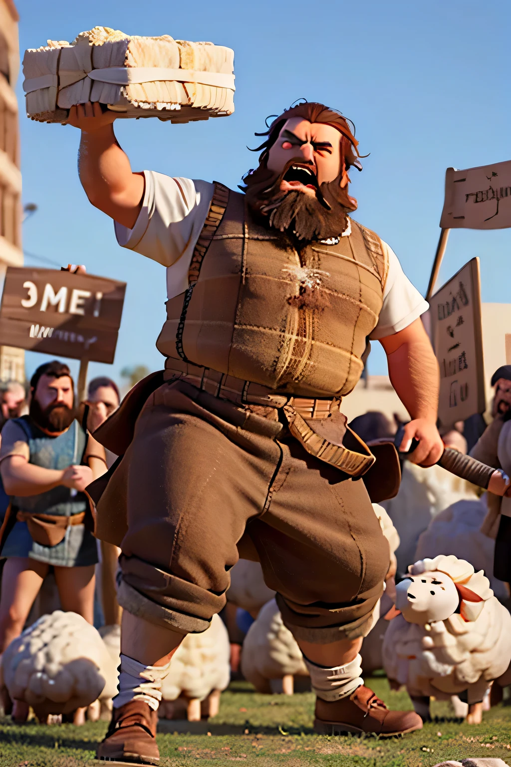 large, bearded man, wearing sheepherder's clothes, destroying things, angry, shouting at people around him, biblical style
