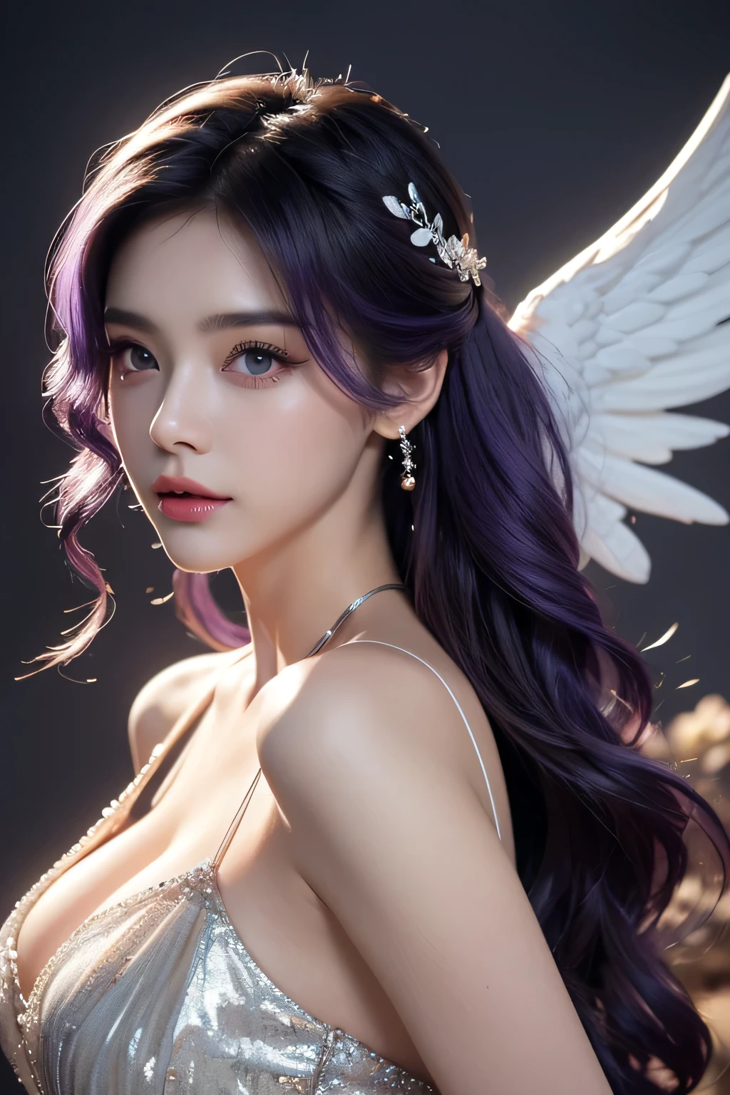 High-quality work,Realistic works,Super premium graphics,8K HD CG works,high quality graphics,High-definition and exquisite CG works,10x pixels,Ultra-fine details:1.1,Advanced technical details:1.1Realistic photo effects,Interior lighting effects:1.5,natural soft light:1.5. Light effect(Virtual light effects:1.8),ultra high resolution,shining dress,sliver long hair,silber hair,transparenthair,high detailed hair(Quality hair details:1.1)Clear eyes,Double eyelids look good,Sharp eye makeup, Create exquisite eyelash makeup, tthin eyebrows, Ultra-detailed eyes,a tall nose, lovely red lips, rosey cheeks, With delicate makeup on her face , pretty face, The face shape is perfectly proportioned,(Advanced facial details:1.1)(((RAW photo , Extremely detailed, highest quality, High resolution, alone,))) break、(contrast:1), whole body、 Viewed from directly above, Lying in a flower garden, back is on the floor、 break、 (((purple hair beach wave hairstyle ))), (((cosmetics))),big breasts, break、white effect, white wings:1.2 , White Angel:1.2, ((night)) 、 break、Vampire Castle, detailed background,, moon、 break、antonio riva dress:1.1,Dress made of slightly see-through fabric:1.3、(very complicated:1.2), high fantasy, beautiful face, pointed ears, break,background, monochrome, grayscale, barefoot, break、outdoors、river,Women's artwork,Dress full body video,Realism,Amazing Cleavage,My eyes are very bright today
