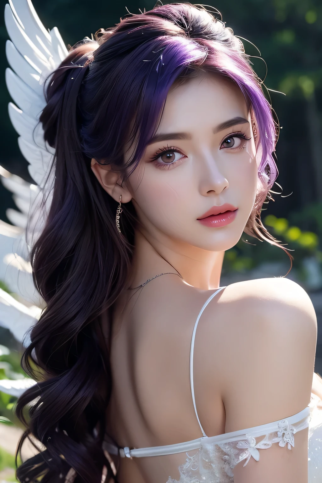 High-quality work,Realistic works,Super premium graphics,8K HD CG works,high quality graphics,High-definition and exquisite CG works,10x pixels,Ultra-fine details:1.1,Advanced technical details:1.1Realistic photo effects,Interior lighting effects:1.5,natural soft light:1.5. Light effect(Virtual light effects:1.8),ultra high resolution,shining dress,sliver long hair,silber hair,transparenthair,high detailed hair(Quality hair details:1.1)Clear eyes,Double eyelids look good,Sharp eye makeup, Create exquisite eyelash makeup, tthin eyebrows, Ultra-detailed eyes,a tall nose, lovely red lips, rosey cheeks, With delicate makeup on her face , pretty face, The face shape is perfectly proportioned,(Advanced facial details:1.1)(((RAW photo , Extremely detailed, highest quality, High resolution, alone,))) break、(contrast:1), whole body、 Viewed from directly above, Lying in a flower garden, back is on the floor、 break、 (((purple hair beach wave hairstyle ))), (((cosmetics))),big breasts, break、white effect, white wings:1.2 , White Angel:1.2, ((night)) 、 break、Vampire Castle, detailed background,, moon、 break、antonio riva dress:1.1,Dress made of slightly see-through fabric:1.3、(very complicated:1.2), high fantasy, beautiful face, pointed ears, break,background, monochrome, grayscale, barefoot, break、outdoors、river,Women's artwork,Dress full body video,Realism,Amazing Cleavage,My eyes are very bright today