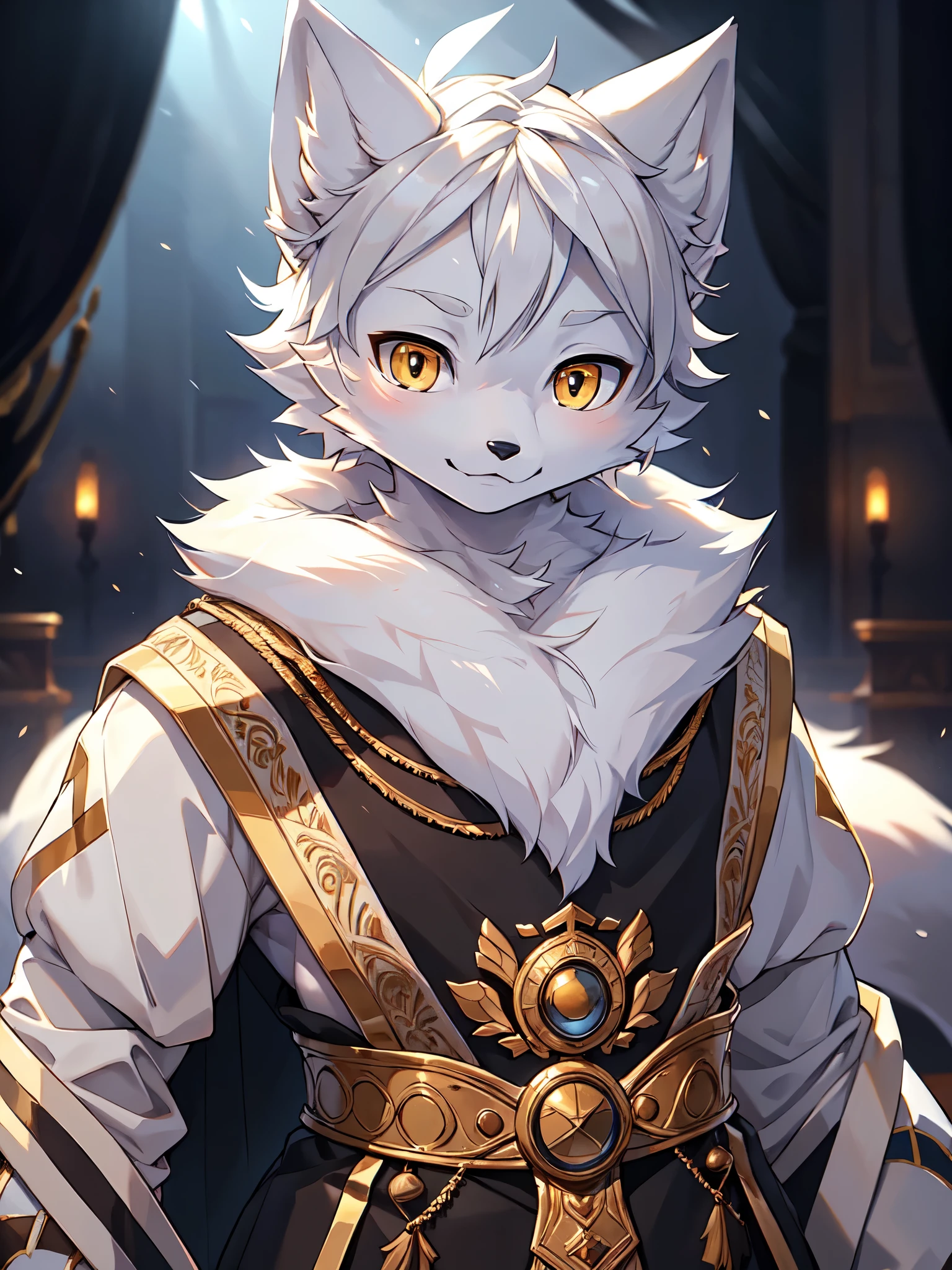 (best picture quality),(masterpiece),(((the only person))),(Super detailed),(male arctic fox:1.5), (white skin:1.3), hairy，(white fur:1.3),((golden pupils)) ,(gray ears),(hairy 动物 耳朵s)，((Gorgeous costumes))，Theatrical actor，natural lighting，complex background,Detailed face，Character focus，Detailed clothes，upper part of body，depth of field，lighting perfect，sharp focus