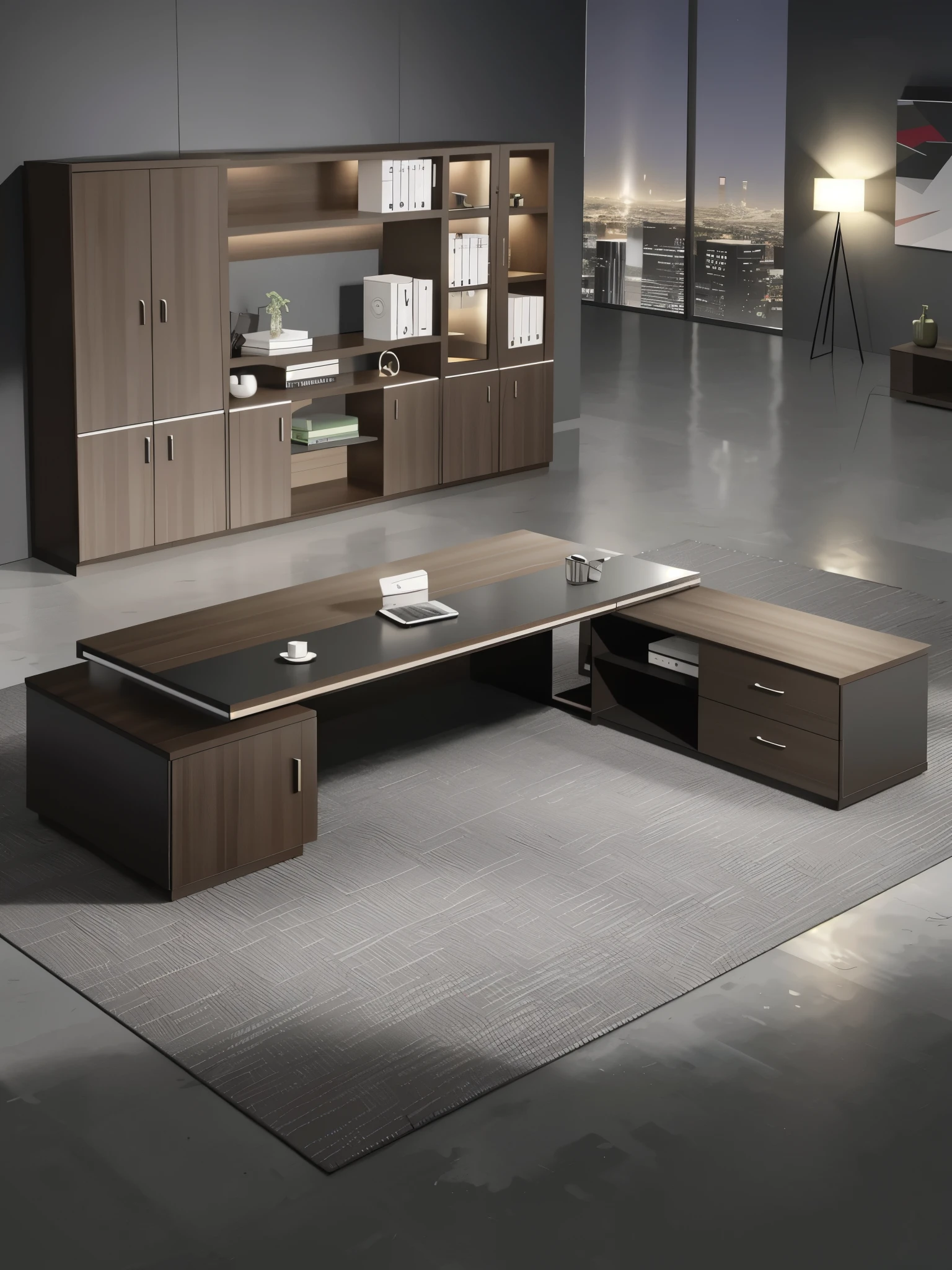 there is a table with a bookcase and a tv on it, office furniture, cabinet furniture, big table, tables, modern office, huge office, table, minimalist table, elegant furniture, multiple tables, f 2 0, F32, f 3 2, luxury furniture, - h 8 5 0 - w 6 0 0, on a table, CEO