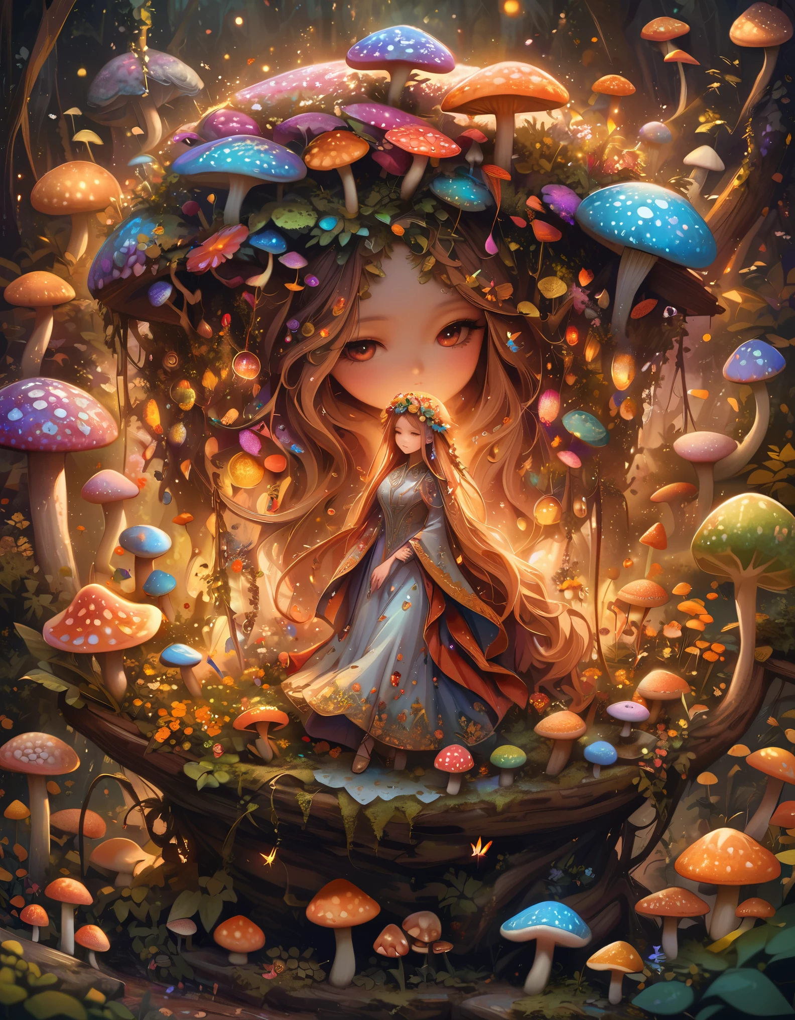 best quality,high resolution,masterpiece:1.2,Super detailed,actual,photoactual,psychedelic mushrooms,enchanted forest,Glowing Mushroom,dreamlike atmosphere,Floating spores,colorful vegetation,fairy lights,magical pattern,ethereal atmosphere,Whimsical fantasies,magical creatures,mysterious landscape,bright colors,Soft diffuse lighting,otherworldly beauty,Exquisite flora and fauna,mysterious light,unforgettably beautiful,transcend,peaceful atmosphere,mythology figure,Glowing leaves,magical light,Daydreaming,Serene and surreal,ethereal atmosphere,Whisper of magic,Engaging scenes,Hypnotic artwork,Sparkling portal,Mushroom wonderland,Magic lighting