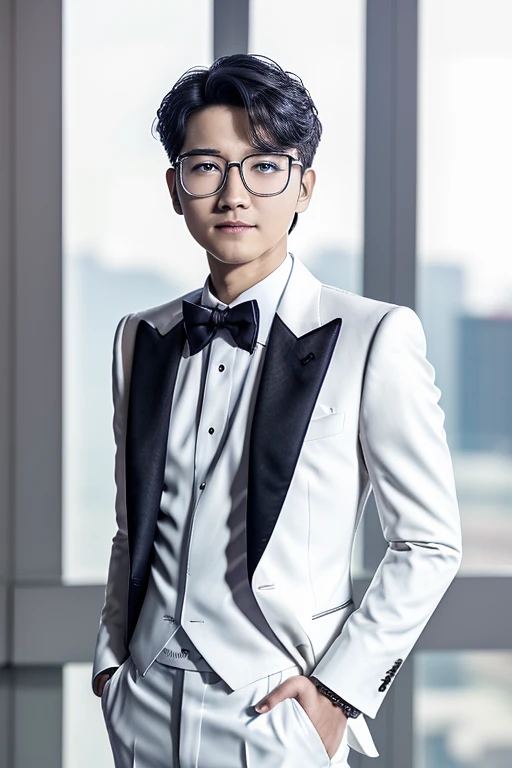 a close up of a person in a white suit and tie, siwoo kim, jinyoung shin, inspired by Zhang Han, cai xukun, handsome and attractive, handsome and elegant, hsiao-ron, hyung tae, wonbin lee, official photos, handsome prince, handsome man, wearing a white tuxedo, wearing white suit, handsome male, very handsome,