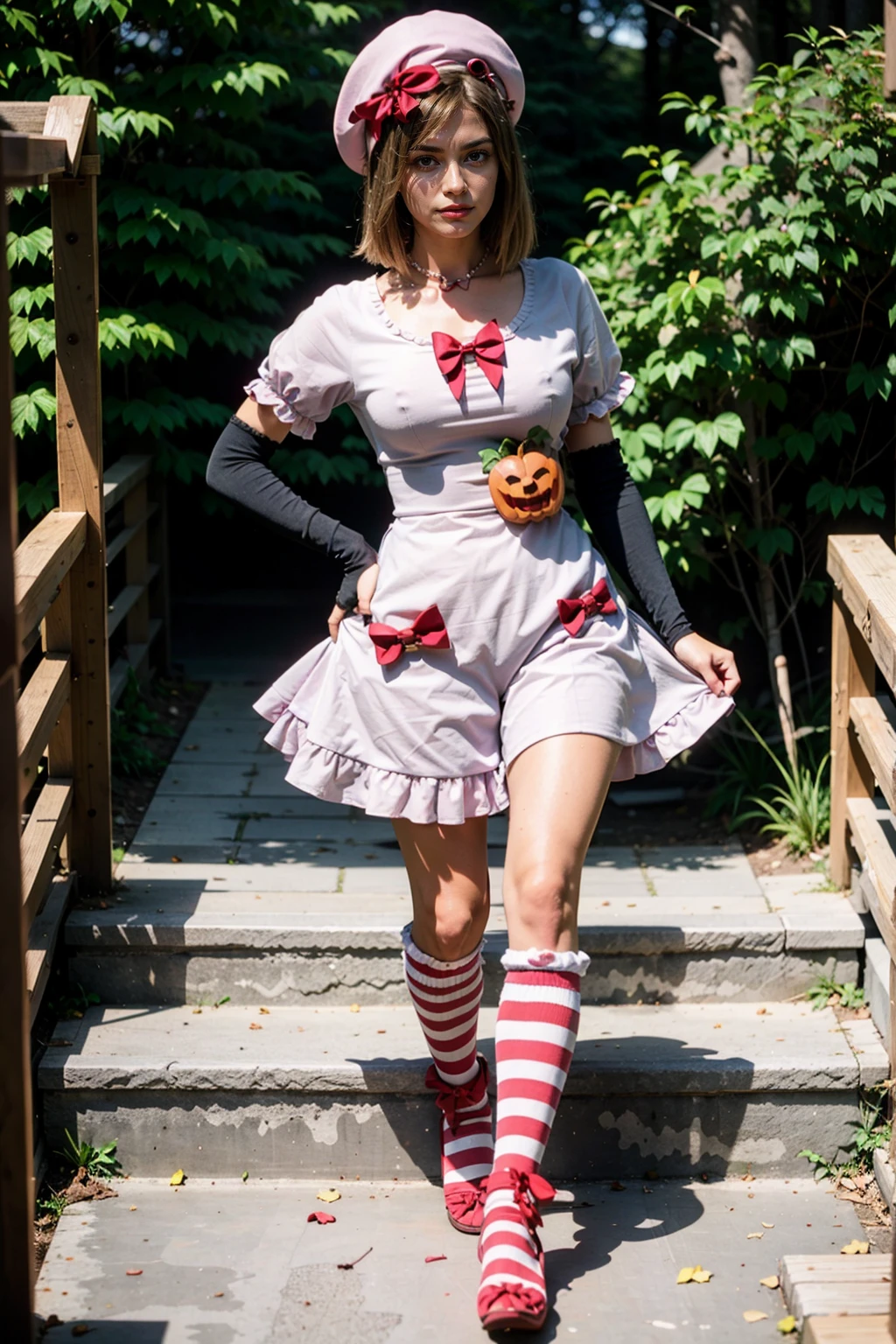 (masterpiece),(best quality), 16k CGI render ((photography)), lambdadelta, dress, shoes bow, red shoes, striped stockings, red bow, pink hat, pumpkin brooch, necklace, gloves, pearl, walking, smile, stairs, temple, mountain, forest, looking at the viewer, close up