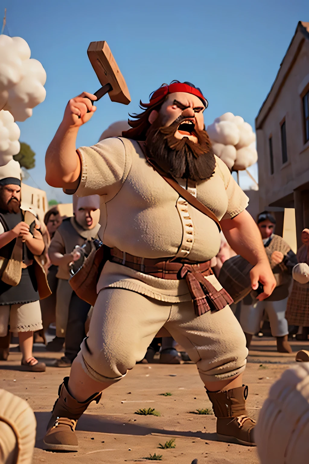 large, bearded man, wearing sheepherder's clothes, destroying things, angry, shouting at people around him, biblical style