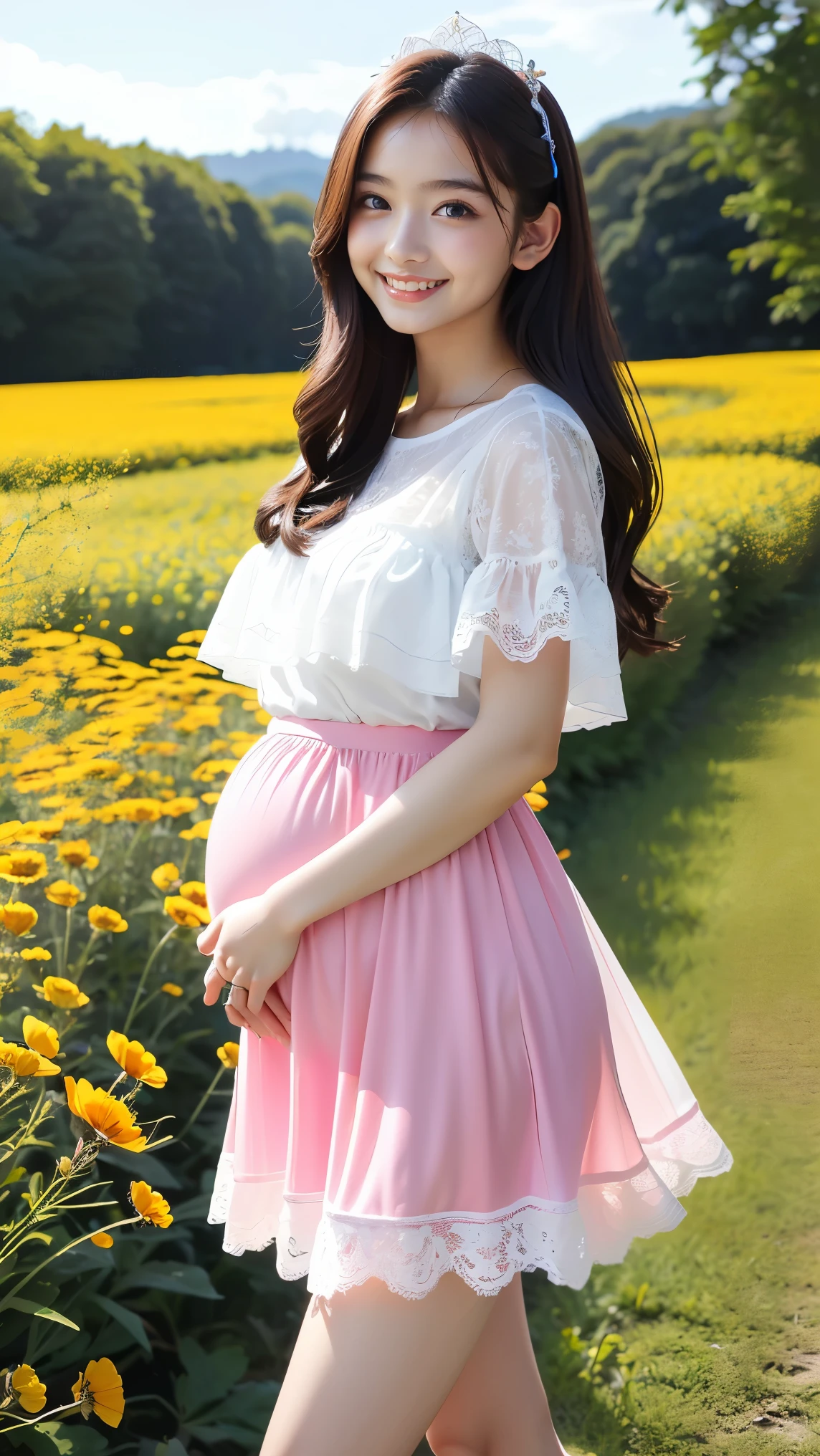 (highest quality、masterpiece、8K、best image quality、hyper realism、Award-winning work)、1 woman、(alone:1.1)、(Girly Lolita T-shirt with white lace decoration:1.2)、(Very thin, sheer pink long skirt:1.3)、(Colorful and vibrant beautiful flower field background:1.1)、The most natural and perfect beautiful flower field、Perfectly maintained colorful flower gardens、(Colorful and vibrant wildflowers blooming randomly:1.2)、(A variety of colorful and vibrant wildflowers:1.2)、(A wide variety of beautiful colorful wildflowers:1.2)、Tyndall effect、epic movie lighting、(Standing gracefully:1.2)、Head to foot photo、(emphasize body line:1.1)、(thick legs:1.1)、(glamorous body:1.1)、(big ass:1.2)、(big breasts:1.1)、(short height:1.3)、(Height: 140cm:1.3)、accurate anatomy、perfect makeup、long eyelashes、glossy lips、Ultra high definition glossy skin、(Ultra-high definition bright and beautiful skin:1.1)、超高精細のglossy lips、Super high definition beautiful teeth、(late pregnancy:1.2)