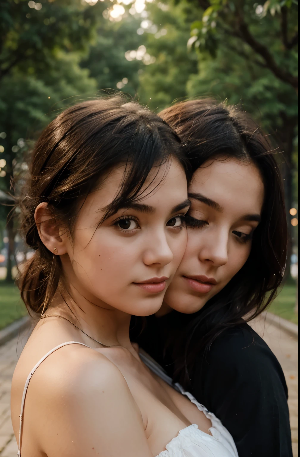 Girl with two heads, the two heads are kissing, she has large shoulder, she is in a park at night