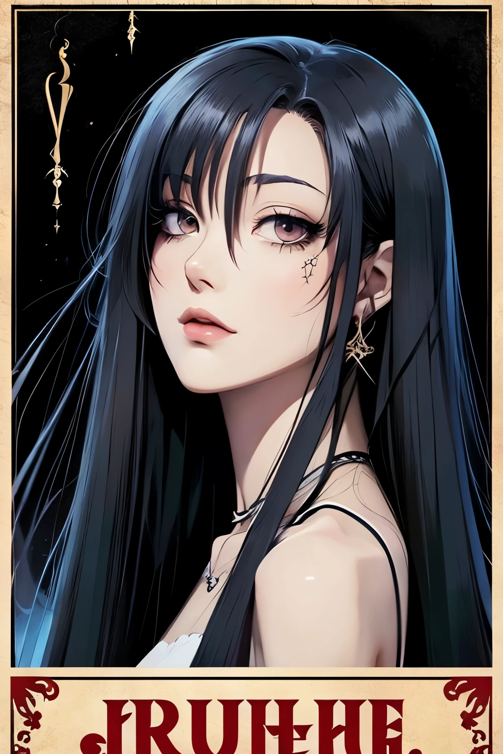 best quality, exquisite, woman, , thinking, determined, intelligent, bored, neutral, serious expression, looking at viewer, long hair, long hair, center part, shiny hair, forehead, black hair, black eyes, tsurime, wide-eyed, fair skin, pale skin, headshot, anime, 2d anime, character design references, manga, cel anime, an anime poster, kawaii, gothic atmosphere, mysterious atmosphere, dark academia, cat tattoo on neck