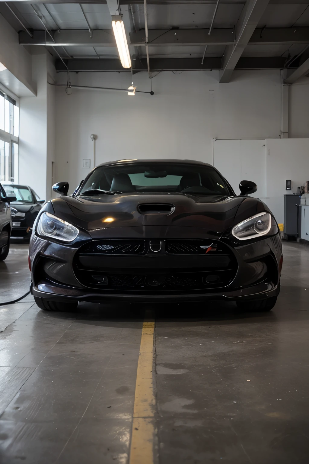 Create a logo for an automotive workshop, with colors, black and white, using the front view of the first generation Dodge Viper, the first generation Dodge Charger grill, round lights, Daytona rear spoiler, with the initials HC below
