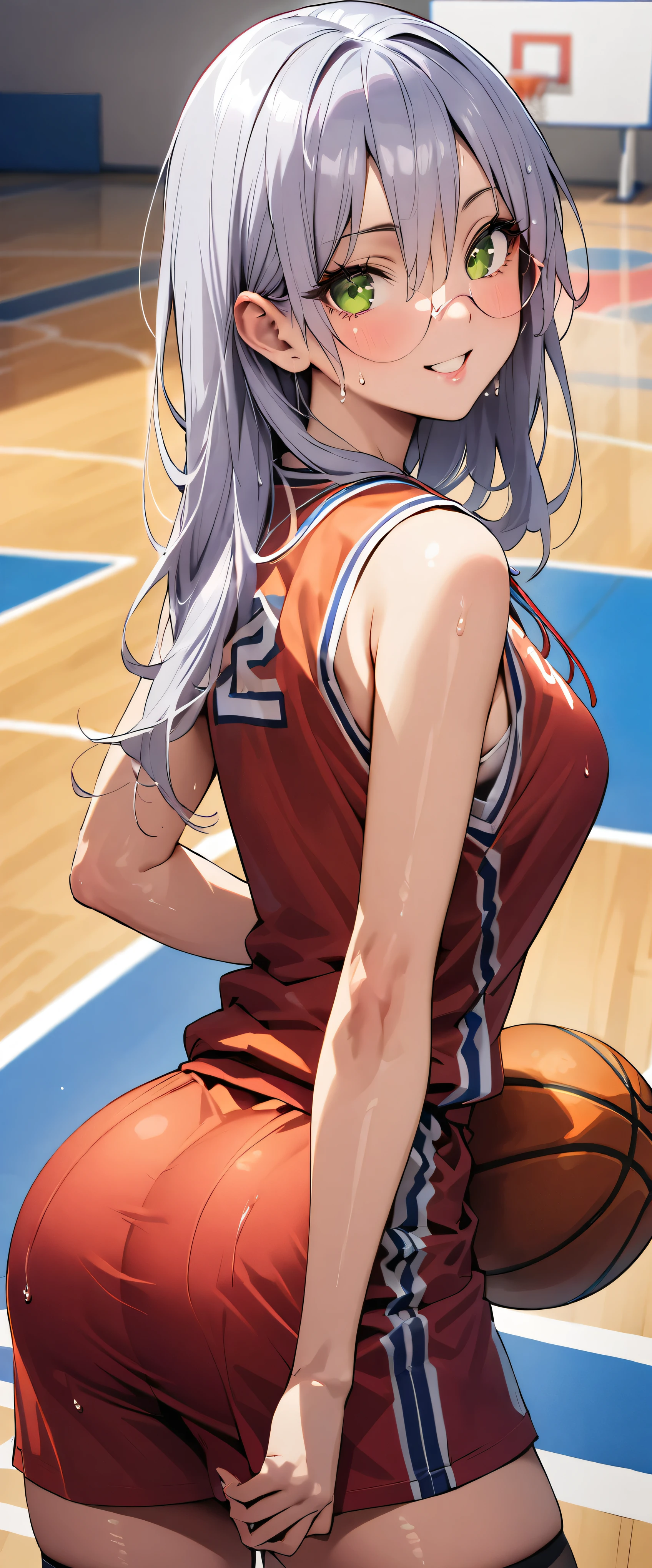 (masterpiece,highest quality,超A high resolution),japanese woman, (((Very beautiful 25 year old girl))), pretty girl、look at the photographer、 (()), super cute face, glossy lips, double eyelids in both eyes,natural smile、 natural makeup, long eyelashes, Shiny and smooth hair、center image, perfect limbs, perfect anatomy,(((basketball sleeveless uniform)))、,(wet with sweat),,turn around and look back,basketball court,See-through