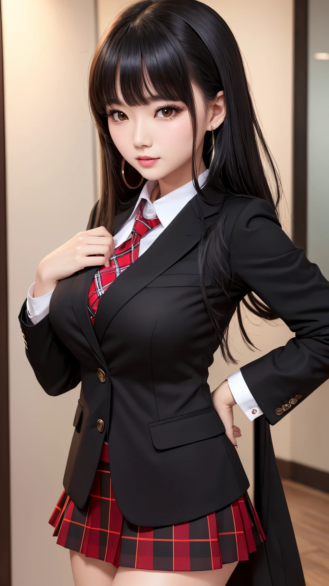 ((highest quality)), ((8k)), (detailed face), (highlight), Asian、woman、Big breasts、bangs、black hair、plaid skirt、blazer、red to black、