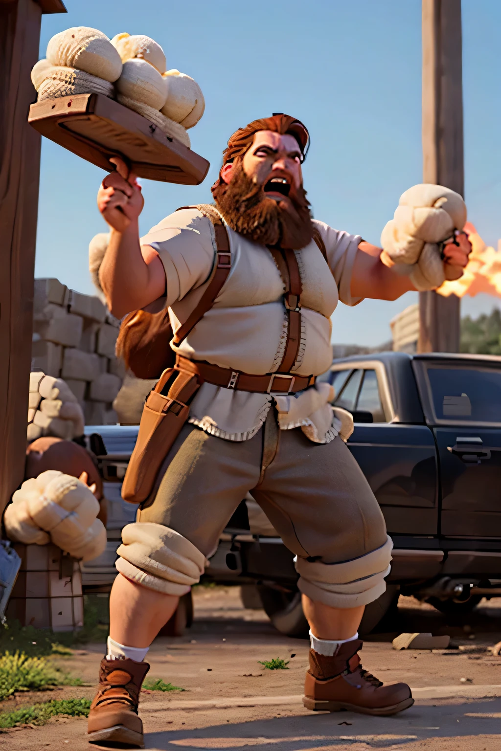 a giant lumberjack, huge muscular man with a beard, holding a large axe, standing in front of a massive beanstalk reaching up into the clouds, dramatic lighting, cinematic composition, fantasy landscape, moody colors, photorealistic
