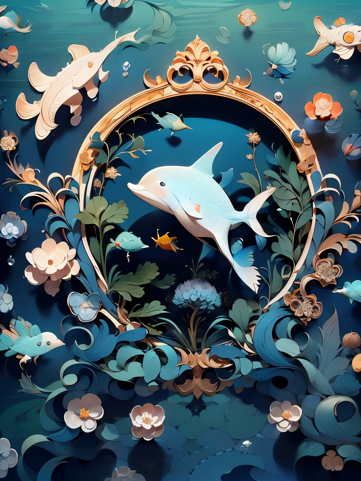 A cute white dolphin,Swimming in the sea,Detailed depiction,High facial smoothness,Jumping in the water,Super cute,There are many aquatic plants floating in the water around,maximalism,flat style,vector illustration,With blue as the background,