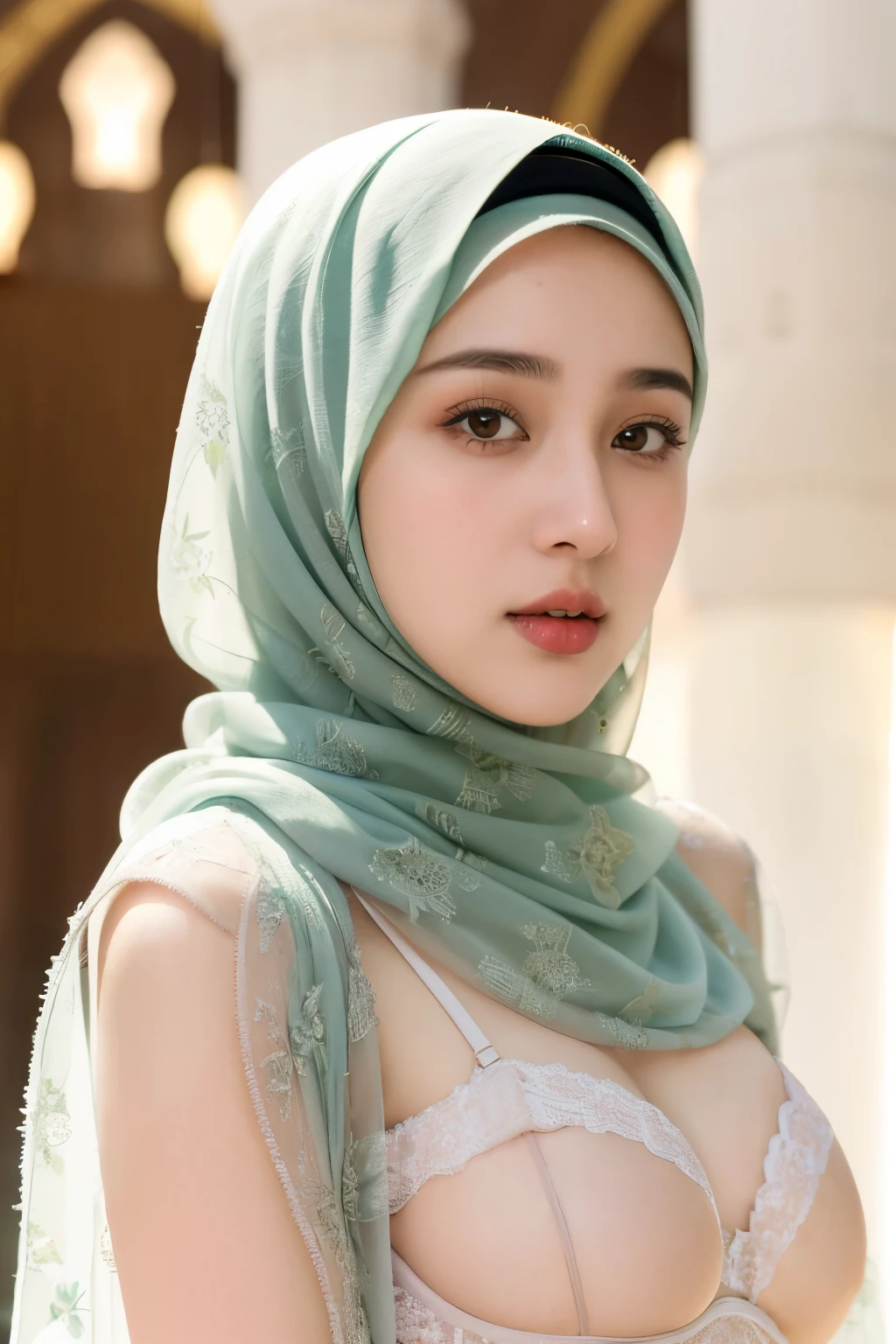 RAW photo of a 24 year old girl wearing hijab, lingerie hijab face portrait, ((Masjidilharam Mekah background)), 8k uhd, dslr, soft lighting, high quality, film grain, Fujifilm XT3, covered dress, decent dress, Giganitic tits 1:5