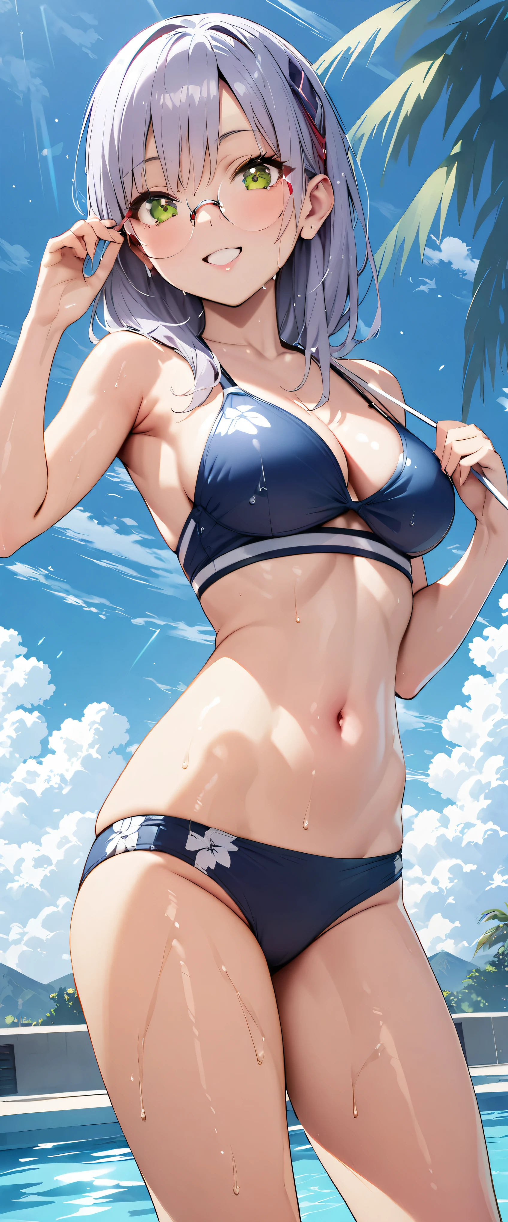(masterpiece,highest quality,超A high resolution),japanese woman, (((Very beautiful 25 year old girl))), pretty girl、look at the photographer、 (()), super cute face, glossy lips, double eyelids in both eyes,natural smile、 natural makeup, long eyelashes, Shiny and smooth hair、center image, perfect limbs, perfect anatomy,(((cute swimsuit)))、,(wet with water),,turn around and look back,pool,glasses