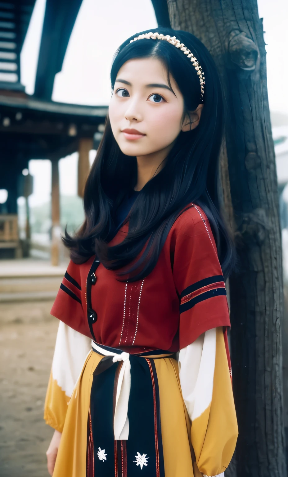 Adult japanese female wearing western dress. She is extremely stature. Her looks like deer. 1964. Japan, Kashihara. color slide film.