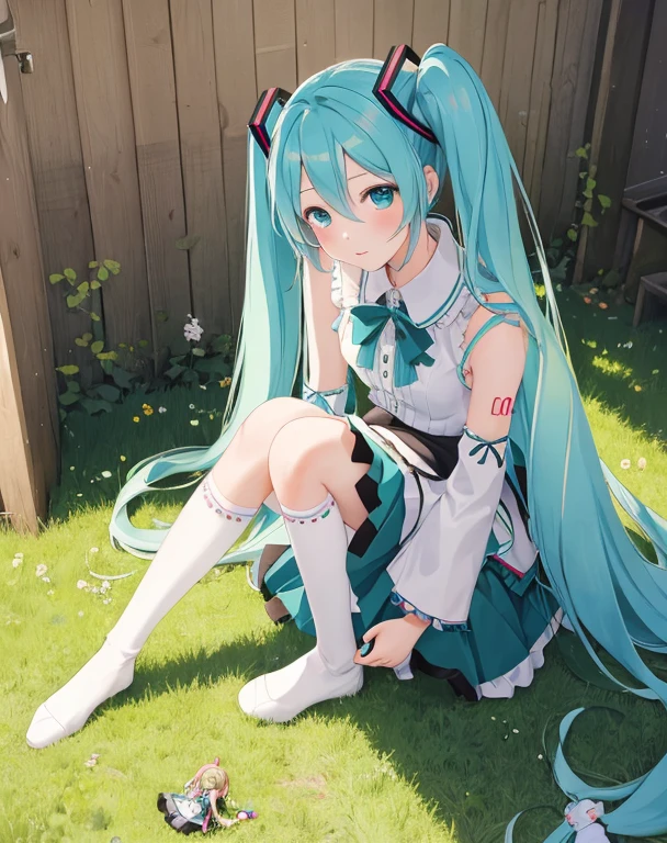 masterpiece, best quality, 1girl, hatsune miku, peeing on a doll, a doll being peed on