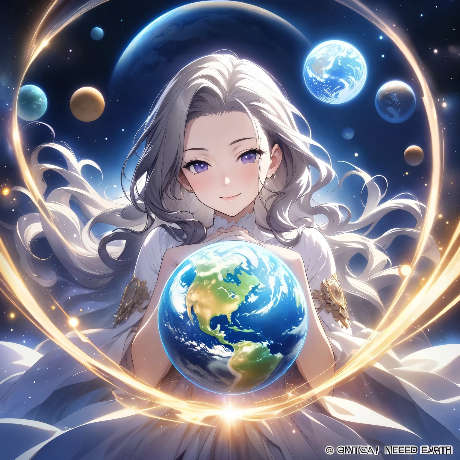 (masterpiece、need、Super delicate、high resolution),1 goddess,(long hair、Smile),background starry sky,planet earth,suns,moon,divine light,The figure exudes a sacred light,official art,Very detailed,(upper part of body、front camera)