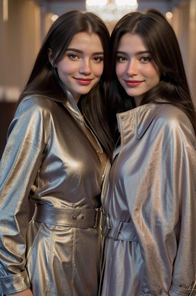 Professional photograph, best quality, 8K, hyper detailed, half body, A close up portrait of two gorgeous, beautiful, wonderful women, argentinian and russian females together posing for the camera, both women have super long hair, argentinian girl has dark brown hair and russian girl has light brown hair, the both of them are wearing winter outfits, both girls are wearing leather jackets. Both women are wonderful, dream, ethereal, timeless, majestic beauties from Argentina and Russia, hispanic and slavic dream beauties who comes to the hearts. They're glad, smiling and enjoying a day at park in winter. True friendship, they pose happy for the camera.