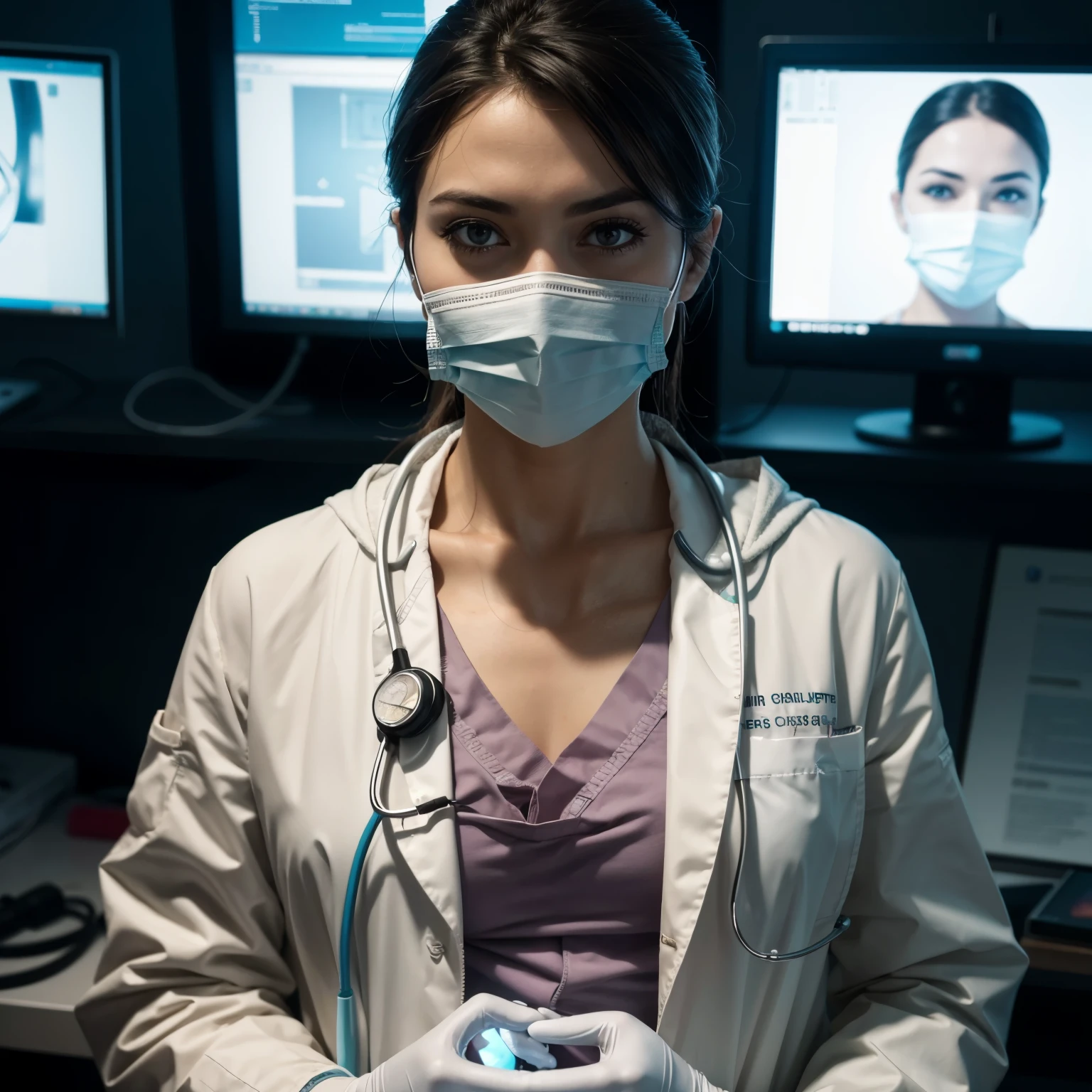 RAW, Best quality, high resolution, masterpiece: 1.3), Beautiful cardiothoracic surgeon, Masterpiece: 1.3, Realistic, Detailed, 1surgeon, Intense focus, Concentrated expression, White coat, Surgical mask, Stethoscope around neck, Operating gown, Gloves, Sterile environment, Scalpel in hand, Heart symbol behind, X-ray imagery in background, Surgical lights focused, Precise and intricate details, 3D Octane rendering, ray tracing, super detailing viewer, close-up.
