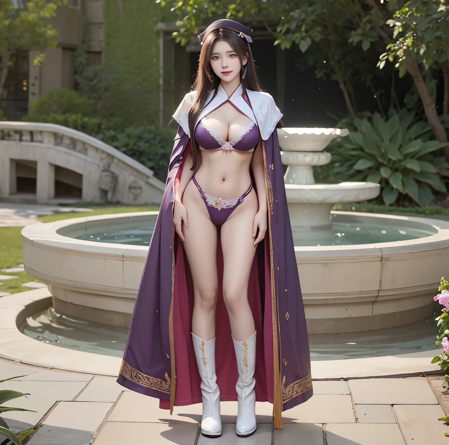 美麗的fantasy皇后, anime goddess, full body xianxia, ((美麗的fantasy皇后)), sweet smile,Put on sexy red bikini lingerie,high-cut underwear,Long-legged girl,put on boots,White boots,huge breasts,Put on your hat, white hat, fantasy服装, Sha Xi, ((美麗的fantasy皇后)), Put on the priest's cloak, Full body white cape, 穿着fantasy服装, Anime girls cosplay look at the audience,facing the audience,Put your hands beside you,flowing long hair,Surreal 8000g,Impeccable,masterpiece,professional artwork,famous artwork,Light,movie bloom,perfect face,pretty face,fantasy,Dreamy and magical,not real,intricate details,Exquisite pattern