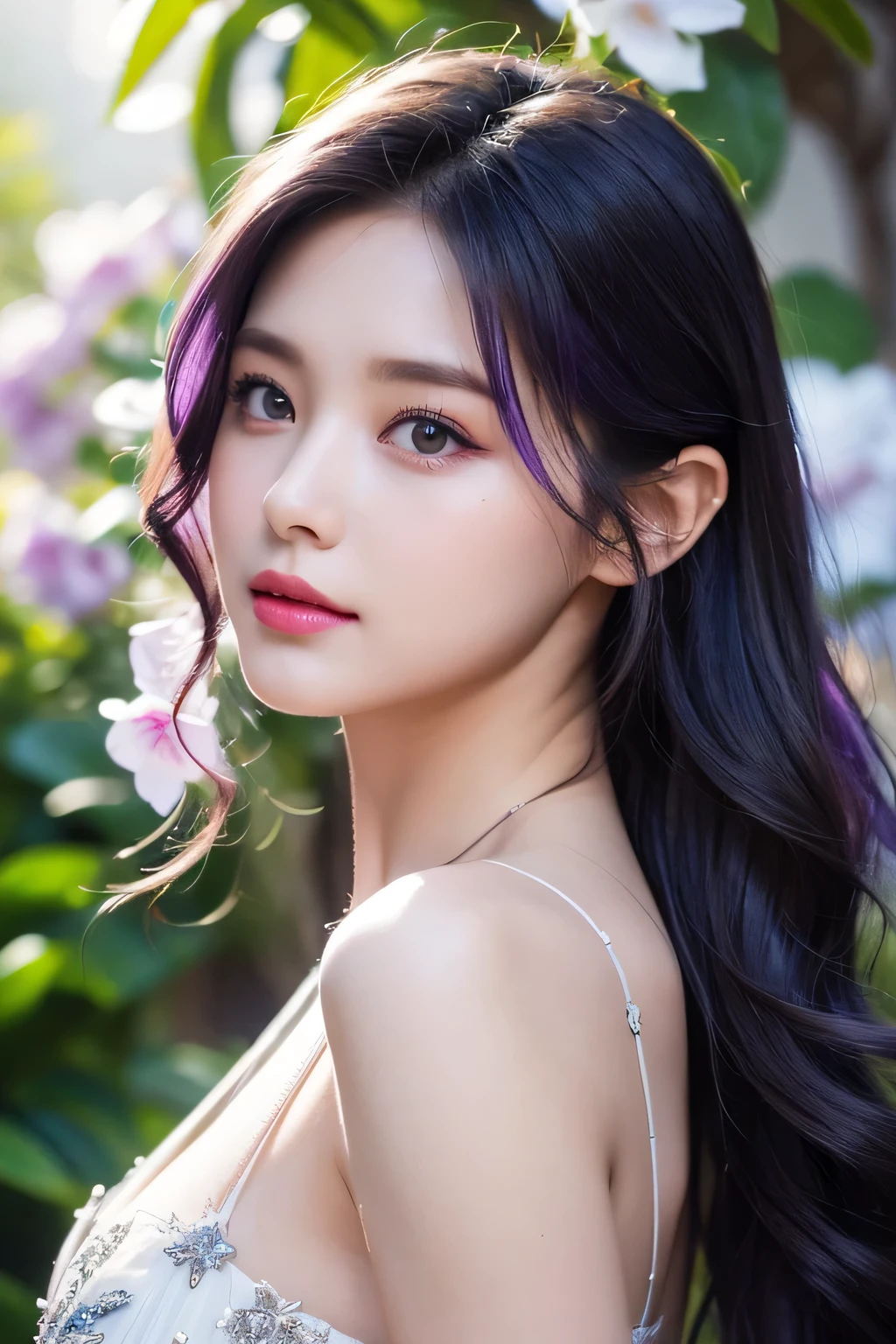 High-quality work，Realistic works，Super premium graphics，8K HD CG works，high quality graphics，High-definition and exquisite CG works，10x pixels，Ultra-fine details：1.1，Advanced technical details：1.1Realistic photo effects，Interior lighting effects：1.5，natural soft light：1.5. Light effect（Virtual light effects：1.8），ultra high resolution，shining dress，sliver long hair，silber hair，transparenthair，high detailed hair（Quality hair details：1.1）Clear eyes，Double eyelids look good，Sharp eye makeup, Create exquisite eyelash makeup, tthin eyebrows, Ultra-detailed eyes，a tall nose, lovely red lips, rosey cheeks, With delicate makeup on her face , pretty face, The face shape is perfectly proportioned,（Advanced facial details：1.1）(((RAW photo , Extremely detailed, highest quality, High resolution, alone,))) break、(contrast:1), whole body、 Viewed from directly above, Lying in a flower garden, back is on the floor、 break、 (((purple hair beach wave hairstyle ))), (((cosmetics))),big breasts, break、white effect, white wings:1.2 , White Angel:1.2, ((night)) 、 break、Vampire Castle, detailed background,, moon、 break、antonio riva dress:1.1,Dress made of slightly see-through fabric:1.3、(very complicated:1.2), high fantasy, beautiful face, pointed ears, break,background, monochrome, grayscale, barefoot, break、outdoors、river，Women's artwork，Dress full body video，Realism，Amazing Cleavage，My eyes are very bright today
