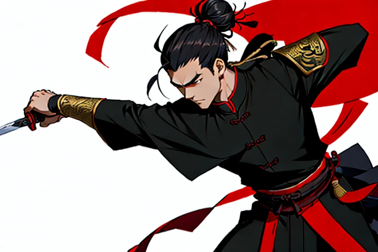 chinese general, man, 21 years old, combat arts, holding sword, hair is tied in a bun, wearing black chinese ancient costume and a black cloak, brave, proud