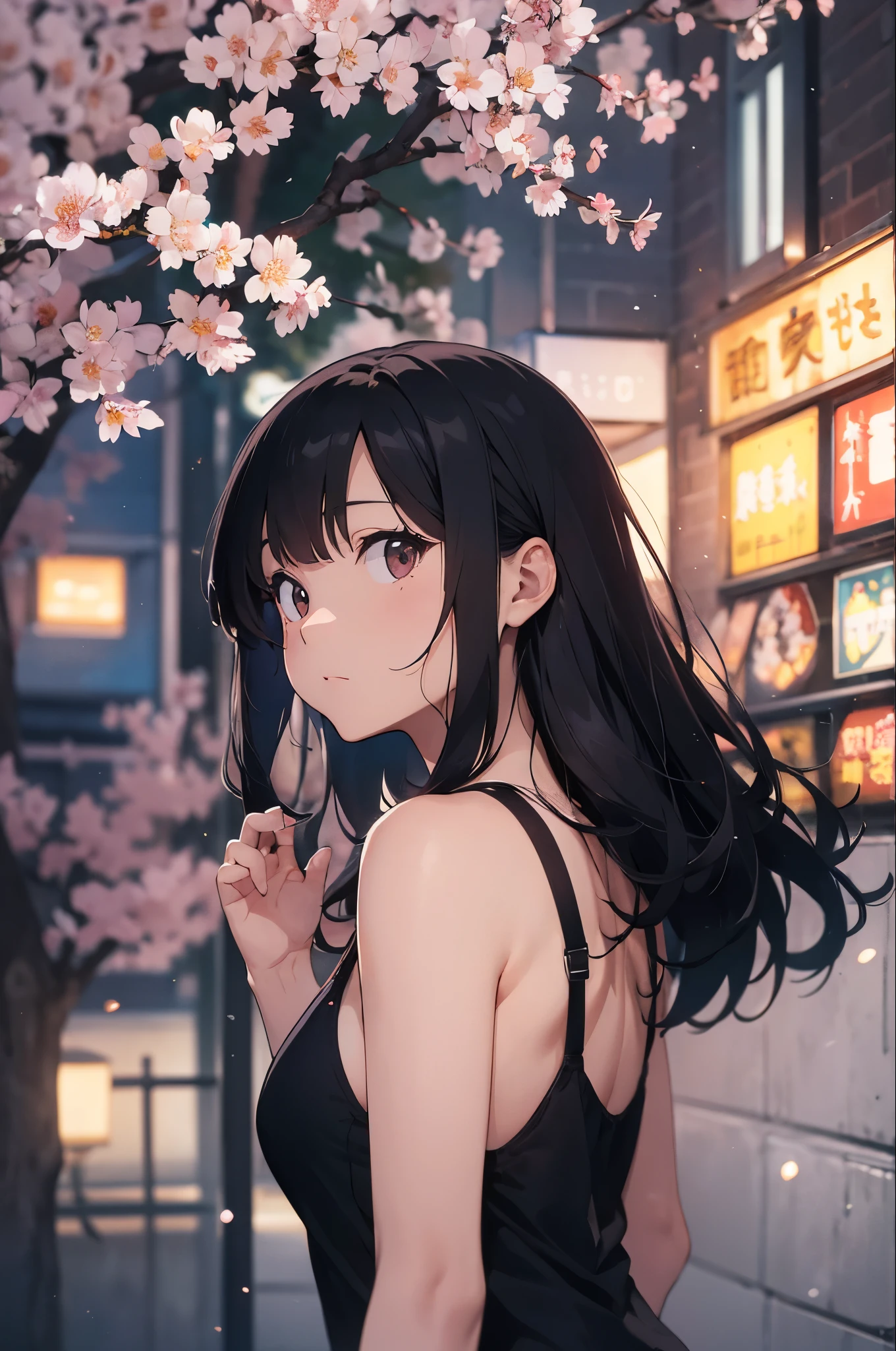 In the heart of the city, under the glow of neon lights intermingled with a cherry blossom-lined avenue, a beautiful Japanese woman is captured in a moment of serenity. Photographed from behind, she turns slightly towards the camera, her chic, minimalist black swimsuit complemented by the gentle sway of her long black hair in the evening breeze. The scene is set during the magical transition from day to night, the golden hour casting a soft, enveloping light that creates a striking silhouette against the vibrant urban backdrop. The optimal settings for a DSLR camera to capture this stunning blend of urban neon brilliance and the natural beauty of cherry blossoms would include a wide aperture to achieve a shallow depth of field, focusing on the woman while softly blurring the bustling city and vibrant blooms. A slow shutter speed would capture the light’s movement, painting a picture of tranquility amidst the city’s pulse. The ISO setting should be adjusted to balance the low light conditions and the neon’s glow, ensuring the image is neither overexposed by the bright lights nor underexposed in the dimming twilight.