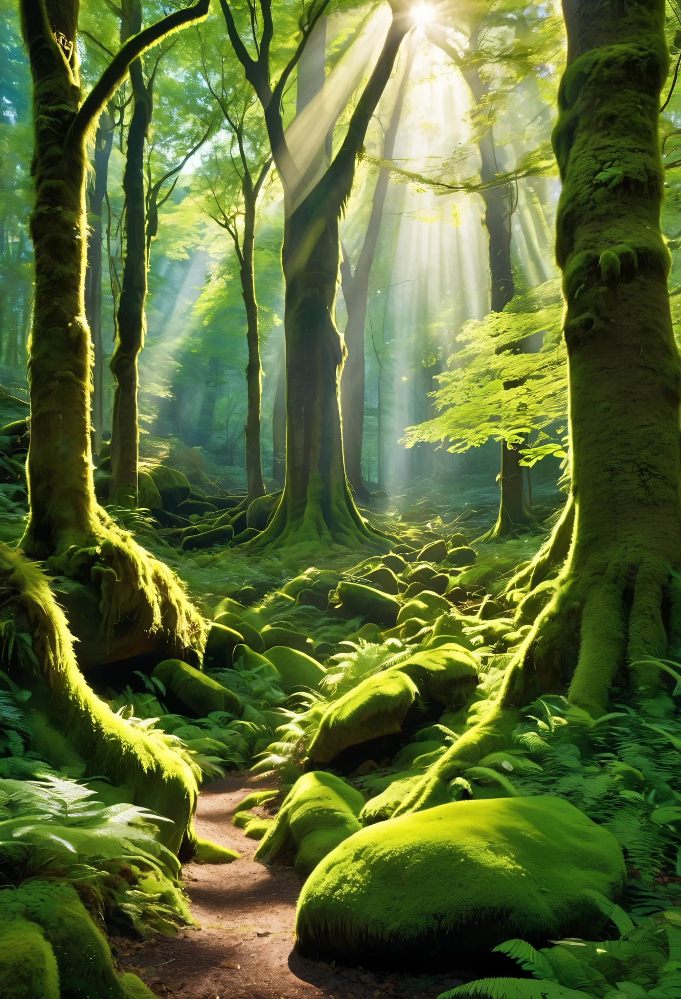 The enchanted forest stretches endlessly before us, its dense canopy of towering trees forming a majestic cathedral of green. Sunlight filters through the leaves, dappling the forest floor with shifting patterns of light and shadow. Moss-covered rocks and fallen branches litter the ground, evidence of the forest's ancient and untamed nature.