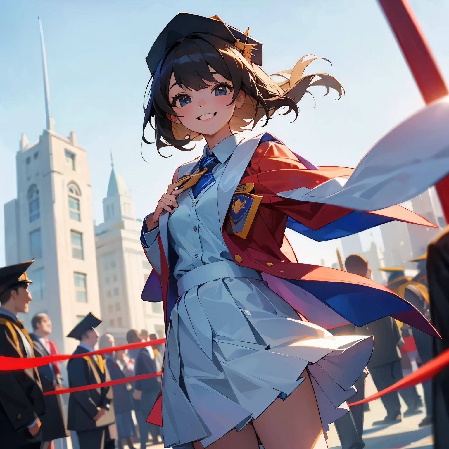 1 girl, university student, graduate, convocation ceremony, wearing academic dress, wearing graduation clothes, smiling to viewer, standing in front of the university, happy