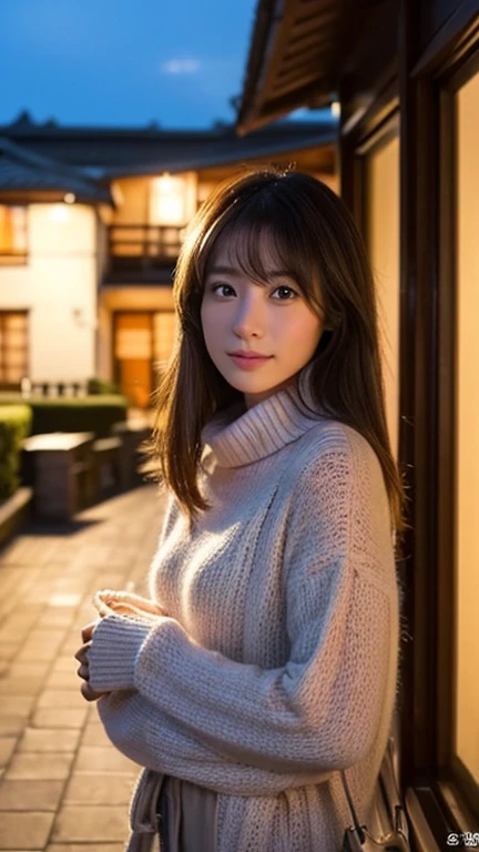 (realistic lighting、highest quality、8K、masterpiece:1.3))、　With a Female Friend）（2 females）concentrated:1.2、1 girl、perfect body beauty:1.4、slim abs:1.1、((dark brown hair))、(white turtleneck、No sleeve)、(outside the house、night:1.1)、、double eyelid、super beautiful photos、（With a Female Friend）、real japanese people々、So cute