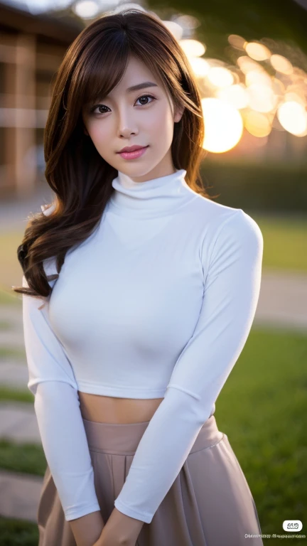 (realistic lighting、highest quality、8K、masterpiece:1.3))、 With a Female Friend)(2 females)concentrated:1.2、1 girl、perfect body beauty:1.4、slim abs:1.1、((dark brown hair))、(white turtleneck、No sleeve)、(outside the house、night:1.1)、、double eyelid、super beautiful photos、(With a Female Friend)、real japanese people々、So cute
