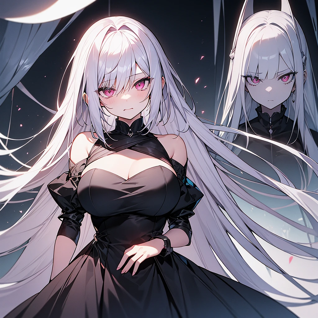 silver hair、slanted eyes、pink eyes、long hair girl、vampire、cold look、Bloody face、black dress、big breasts、darkness、concept art