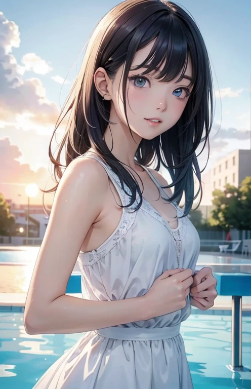 "(best quality,4k,8k,highres,masterpiece:1.2),ultra-detailed,(realistic,photorealistic,photo-realistic:1.37),ponytail,black hair,high school girl,miniskirt,poolside,sitting with hands placed, sunlight,bright-colored clothes,leaning back with hand supporting body,slightly revealing neckline"