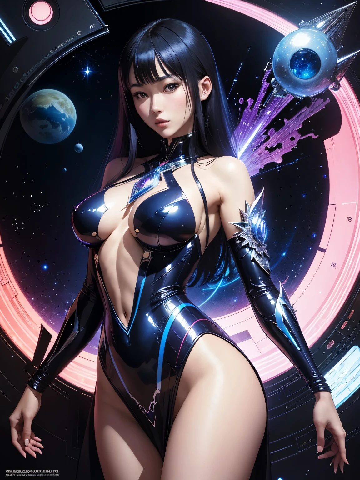 Harry Clarke, Naoyuki Kato, Hajime Sorayama, Surreal, mysterious, strange, fantastical, fantasy, Sci-fi, Japanese anime, miniskirt beautiful girl walking in space, perfect voluminous body, rocket and moon, detailed masterpiece Hyper realistic sharp focus