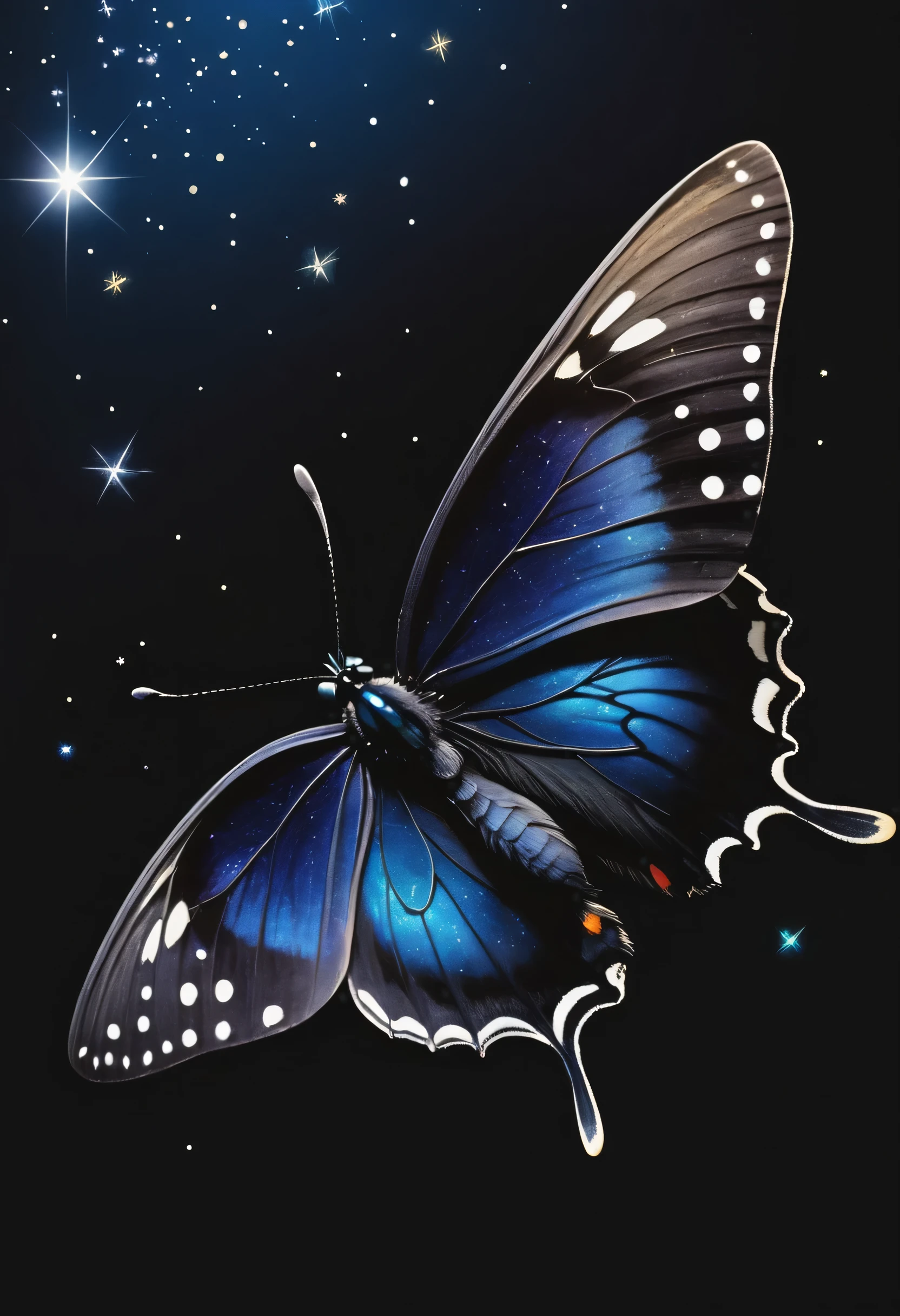 black background,Just a giant dark blue butterfly,Gently dotted by stars,It spreads its delicate wings,Beautiful and moving。insect