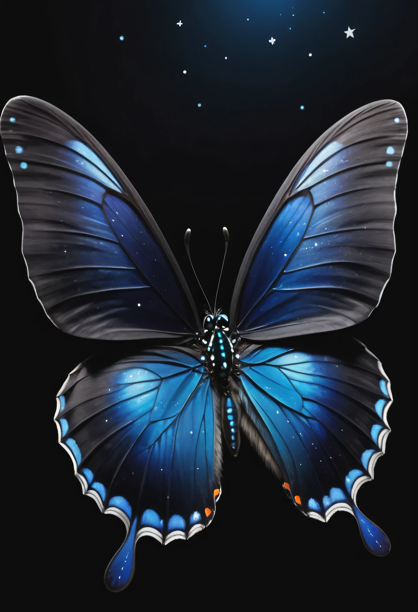 black background,Just a giant dark blue butterfly,Gently dotted by stars,It spreads its delicate wings,Beautiful and moving。insect