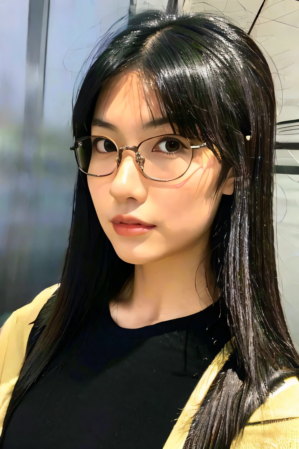 An average looking 24-year-old Japanese girl, 158 cm in height and 55 kg in weight. With jet-black hair, which is long and smooth. A slightly creamy-toned skin. Big, brown, round eyes. Does not wear glasses. Has a sharp nose and a small, sweet mouth. A slender body. Dressed well.