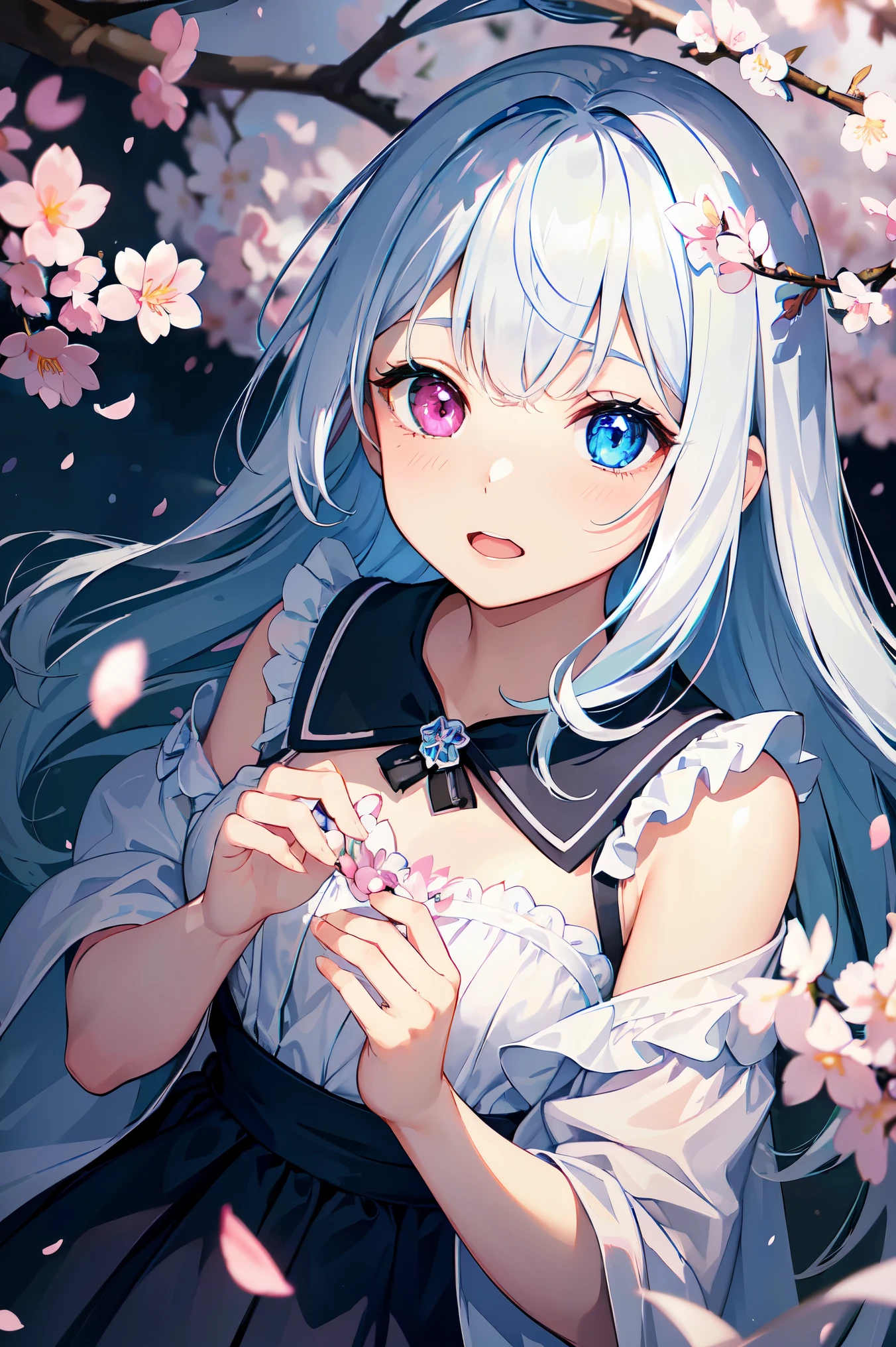 1 girl、bluish-silver hair、(Heterochromic droopy irises,shineing eyes:1.4)、、10 years old、big smile、thin、blurred background、shine、shining hair、(spring、cherry blossom petals dancing in the wind、From above、There'The girl behind the cherry blossoms:1.3),ambient occlusion、ambient light、ray tracing reflection、highest quality、realistic、Super detailed、delicate、Orderly、high detail、