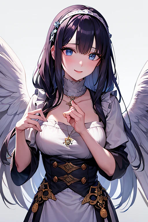 masterpiece_portrait, distinct, distinct_image, high_resolution, highres, high_quality_anime, high_quality, hyper_detail, finely_detailed, best quality, masterpiece, high resolution, 1 woman, white dress, black hair, blue eyes, hair accessories, necklace, bijouterie, beautiful face, beautiful body, Tyndall effect, realistic, edge lighting, two tone lighting, (high detail skin: 1.2), 8,000 UHD, DSLR, soft light, shining, high quality, volumetric lighting, candid, picture, high resolution, 4K, good quality, exciting atmosphere, Sacred, angel, white wings, wings, praying, The smallest details, specific details, smiling