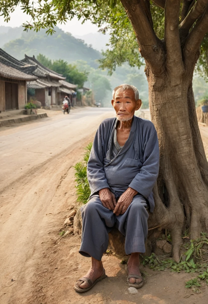 Portrait of an old man waiting delman under the tree at the entrance of the village,Expectant eyes,Looking at the road in the distance,Rural China