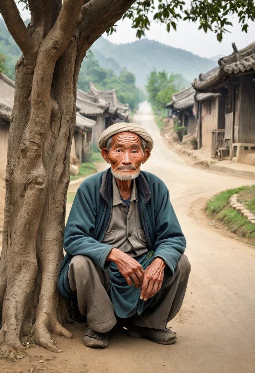 Portrait of an old man waiting delman under the tree at the entrance of the village,Expectant eyes,Looking at the road in the distance,Rural China