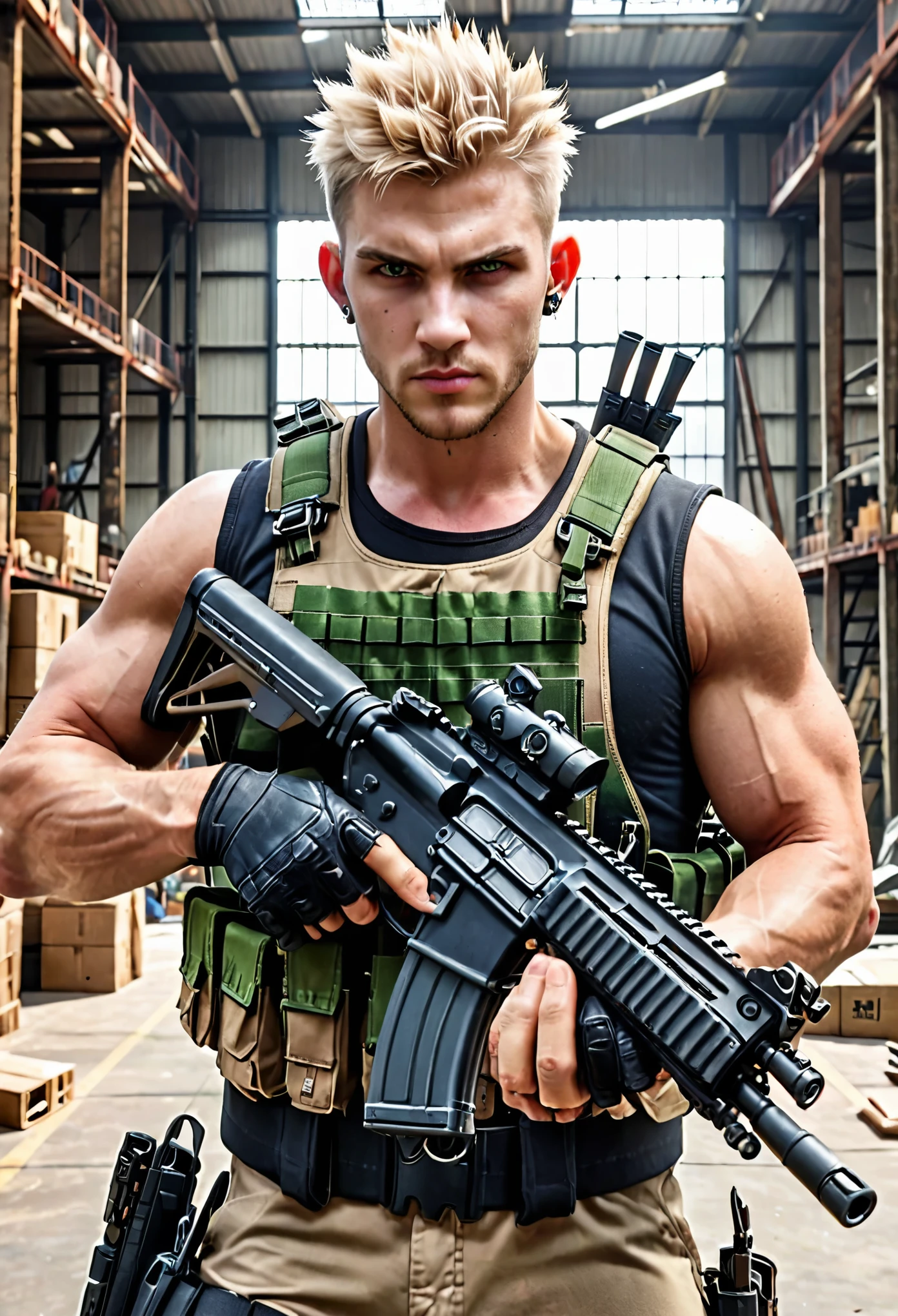masterpiece, best quality, solo, solo focus, blonde hair, crew cut, spiky hair, combed back hair, green eyes, circle earrings, evil smirk, mercenary, australian, male focus, using weapon, assault rifle, danger atmosphere, load-bearing vest, ammunition belt, tactical gloves, city warehouse, indoors, afternoon
