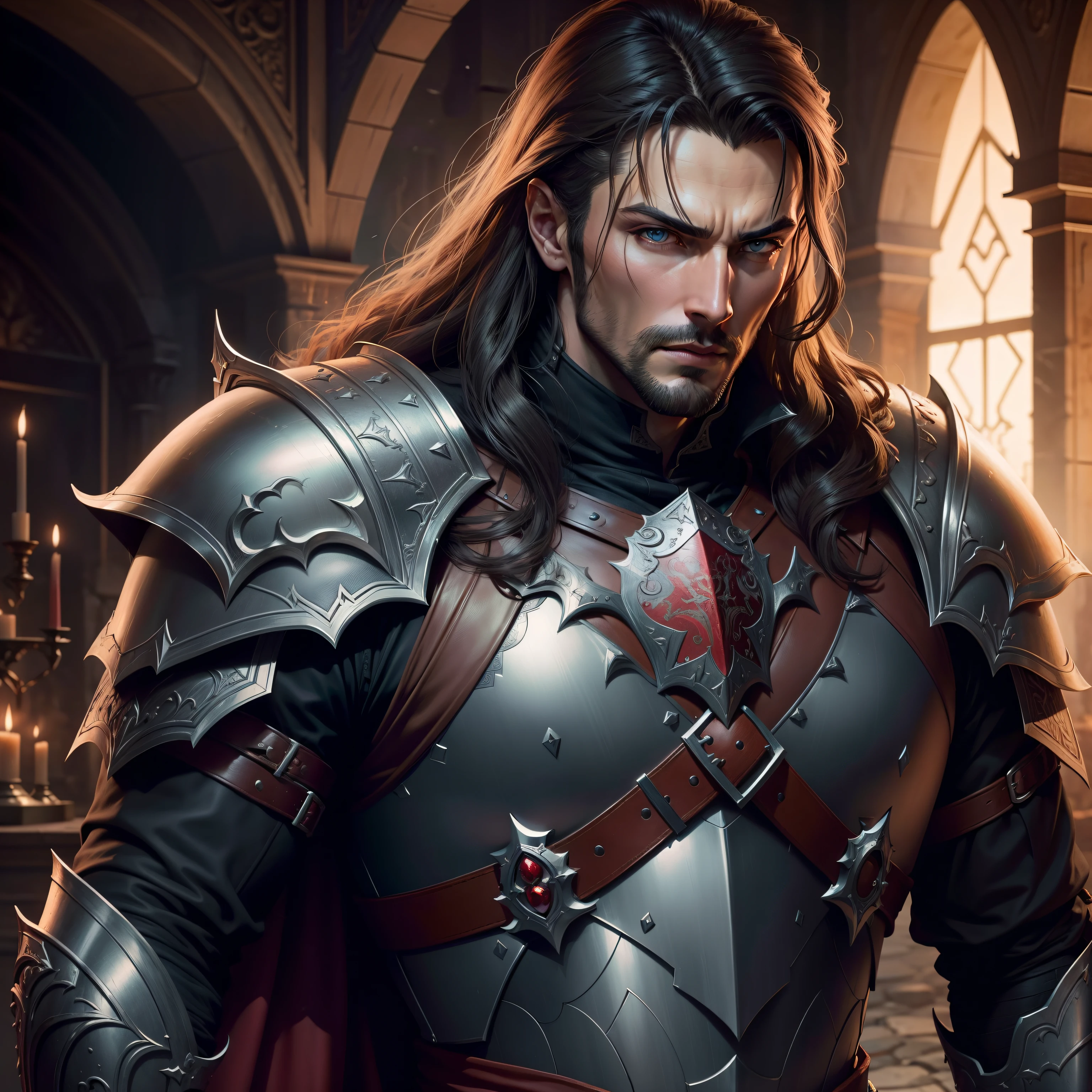 Castlevania Lord of the shadows hyper realistic handsome warrior leather Armor Wear hyper realistic Facr super detailed Dynamic shot