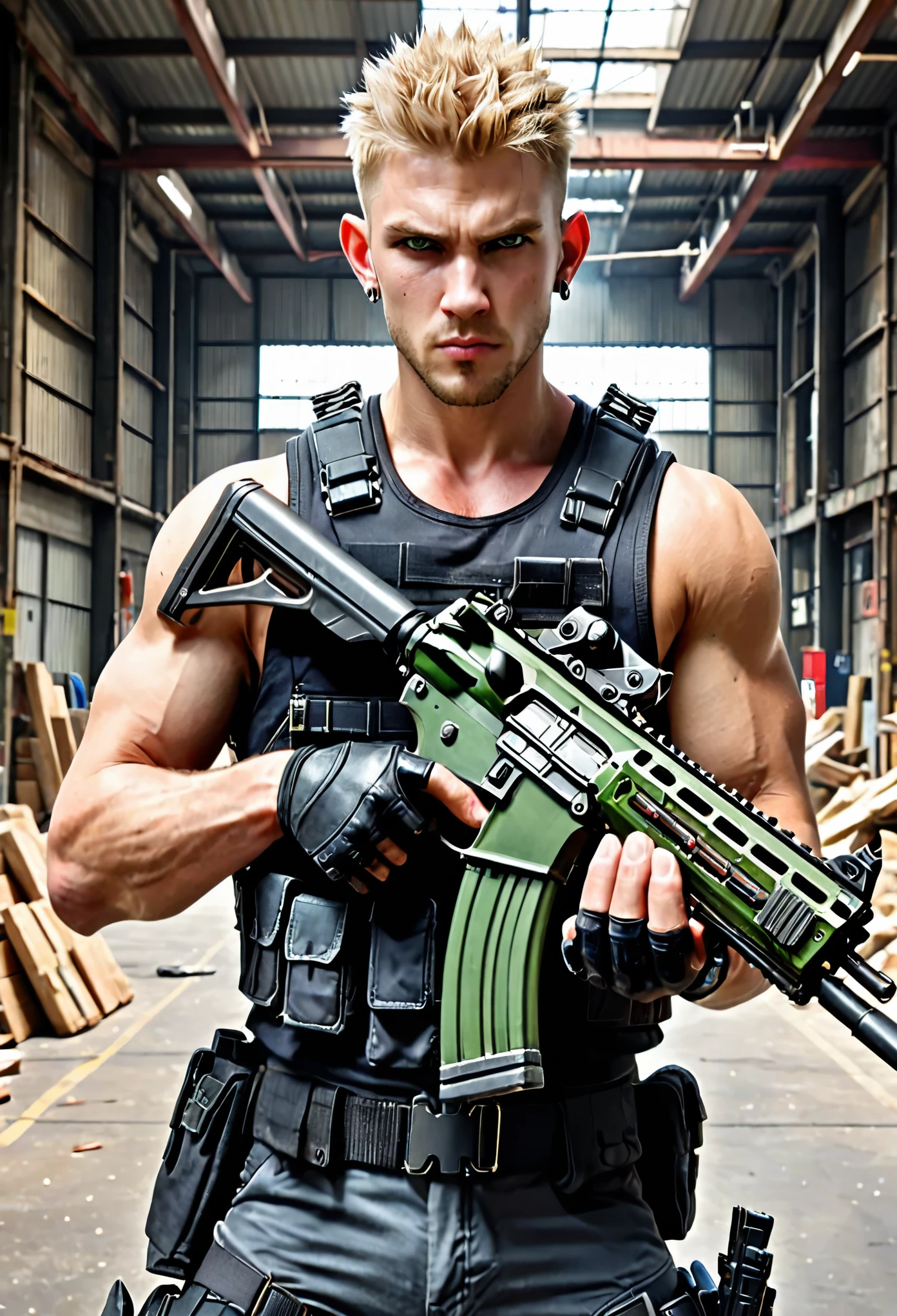 masterpiece, best quality, solo, solo focus, blonde hair, crew cut, spiky hair, combed back hair, green eyes, circle earrings, evil smirk, mercenary, australian, male focus, using weapon, assault rifle, danger atmosphere, load-bearing vest, ammunition belt, tactical gloves, city warehouse, indoors, afternoon