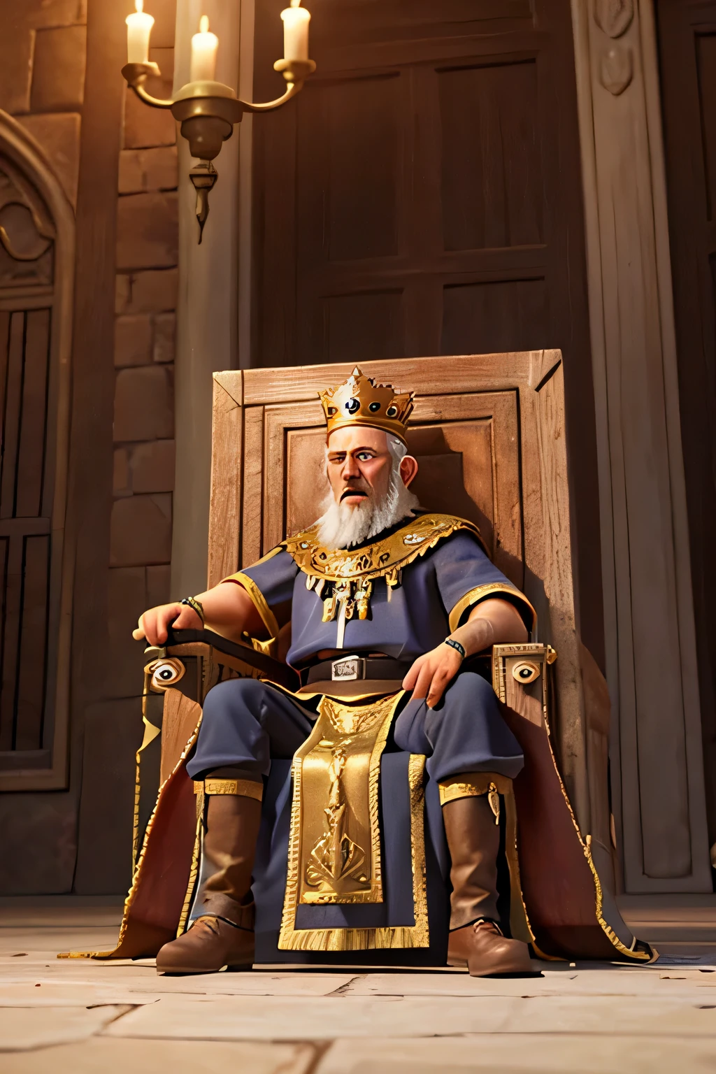 a king, old, sitting on the throne, afraid, people next to him, scared, biblical style