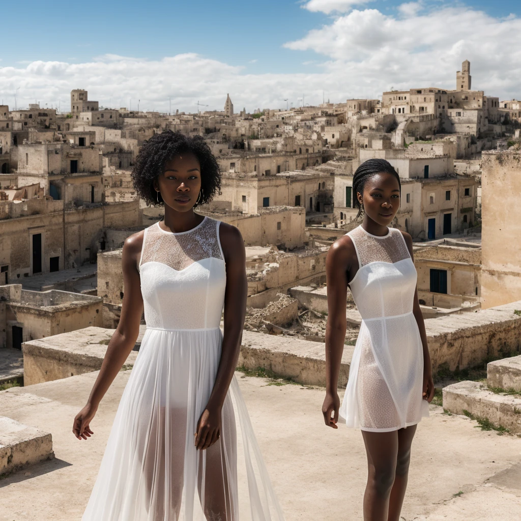 Nigerian Ebony woman in a white large transparent dress with ruined city of Matera in background posing for a professional photoshot, (wearing a transparent wet white dress), blue cloudy sky, rich colors, hyper realistic, lifelike texture