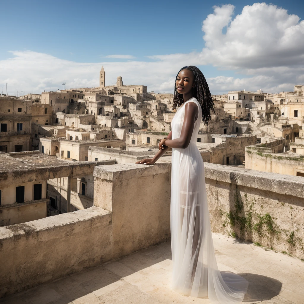 Nigerian Ebony woman in a white large transparent dress with ruined city of Matera in background posing for a professional photoshot, (wearing a transparent wet white dress), blue cloudy sky, rich colors, hyper realistic, lifelike texture