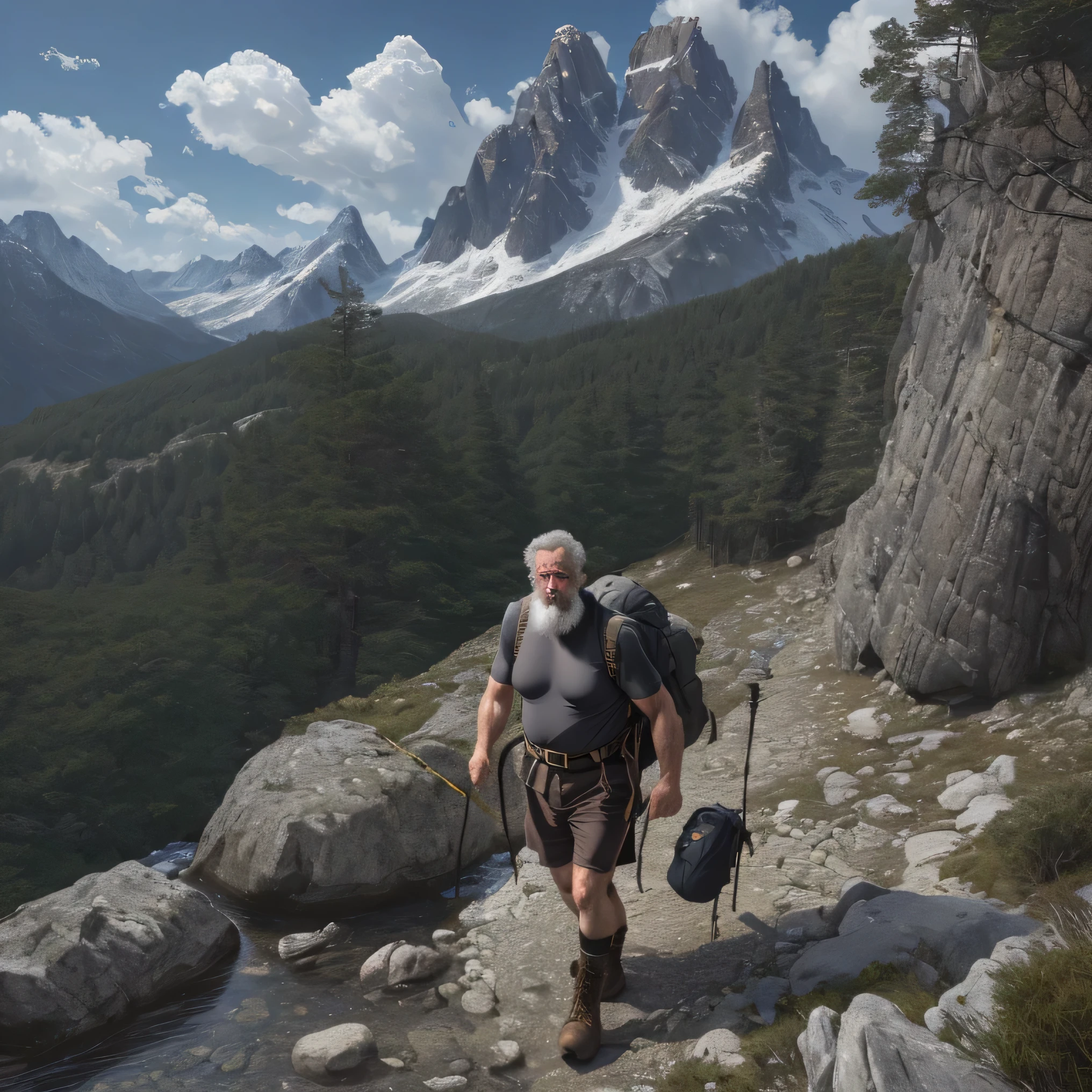 (best quality,4k,8k,highres,masterpiece:1.2),ultra-detailed,(realistic,photorealistic,photo-realistic:1.37),muscular,old man hiking in mountain,landscape,rocks,steep trail,adventure,heavy backpack,long white beard,strong arms,leather boots,exhausted,sweaty,majestic peaks in the distance,gusty wind,tall trees,cool breeze,determination,peaceful,calm,serene lighting,big nipples