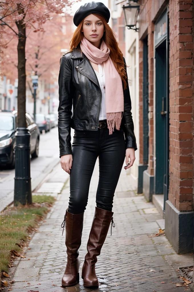 A gorgeous, beautiful, stylish ginger haired russian woman in black leather jacket and pink scarf and boots, standing on the street, leather clothing and boots, wearing leather jacket, jeans and knee high black boots, on the sidewalk, in city street, casually dressed